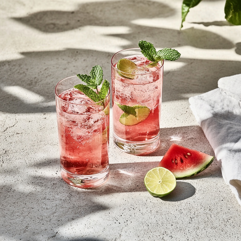 Cold watermelon and lime refresher served with ice