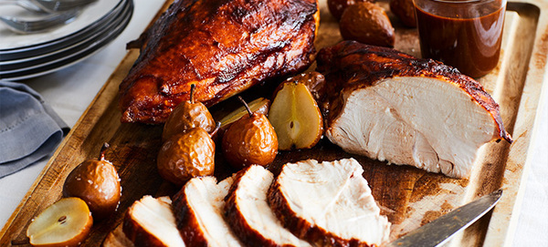 Ancho-Pear BBQ Glazed Turkey Breast with Roasted Seckel Pears