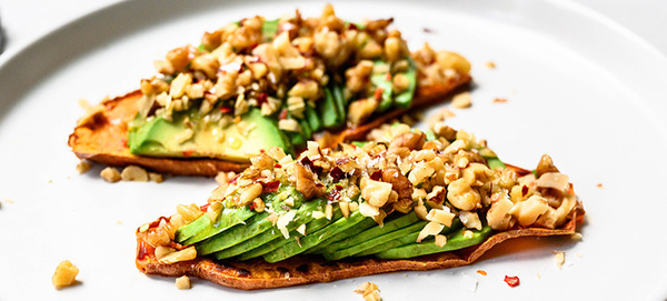 Sweet Potato Avocado Toasts with Walnuts